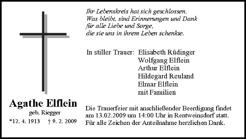  Traueranzeige für Agathe Elflein vom 11.02.2009 aus MGO