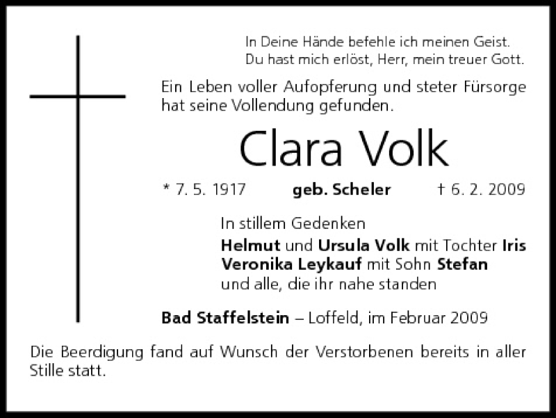  Traueranzeige für Clara Volk vom 12.02.2009 aus MGO