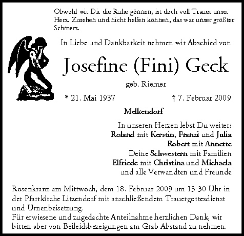  Traueranzeige für Josefine Geck vom 14.02.2009 aus MGO