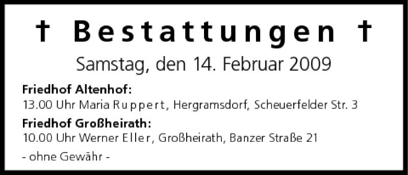 Bestattungen Vom 14.02.2009 | Traueranzeige | Trauer.inFranken.de