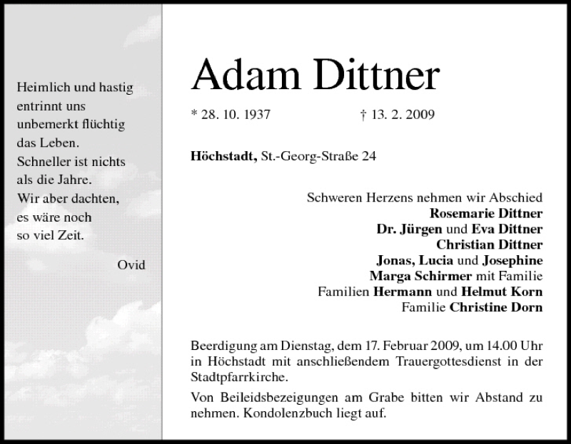  Traueranzeige für Adam Dittner vom 16.02.2009 aus MGO