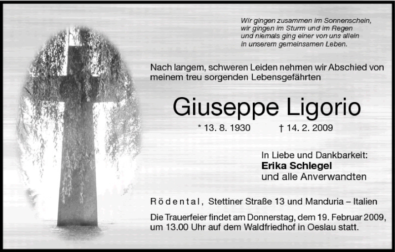  Traueranzeige für Giuseppe Ligorio vom 17.02.2009 aus MGO