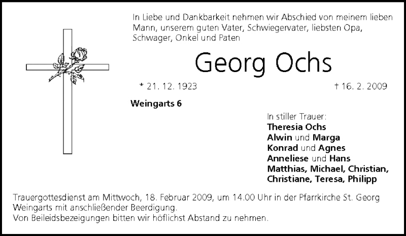  Traueranzeige für Georg Ochs vom 17.02.2009 aus MGO