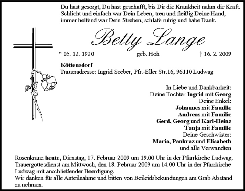  Traueranzeige für Betty Lange vom 17.02.2009 aus MGO