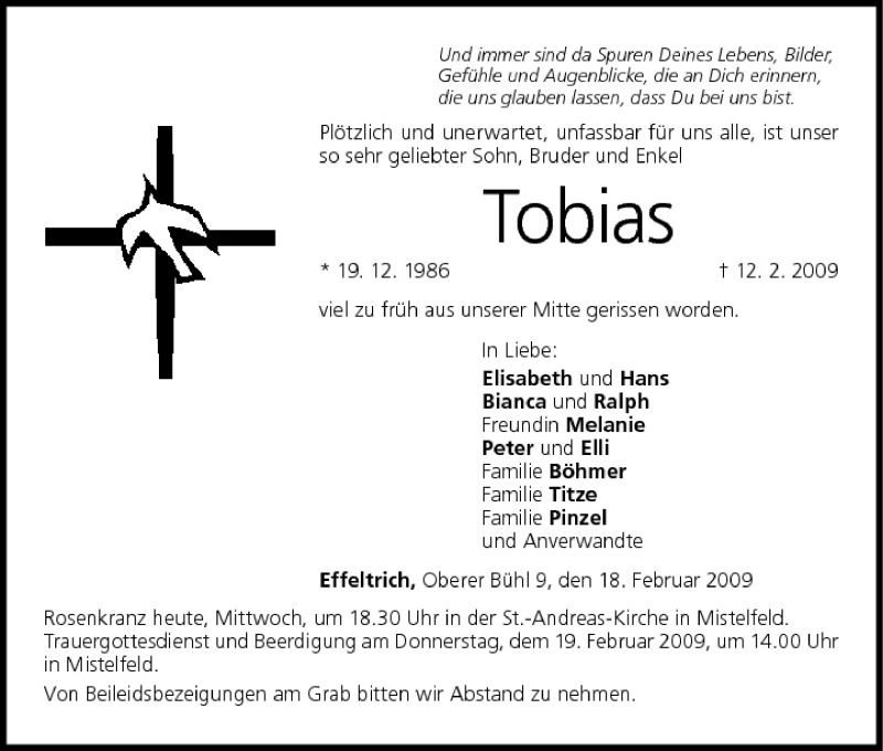  Traueranzeige für Tobias  vom 18.02.2009 aus MGO
