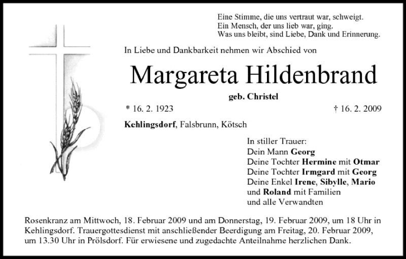  Traueranzeige für Margareta Hildenbrand vom 18.02.2009 aus MGO