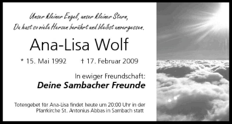  Traueranzeige für Ana-Lisa Wolf vom 20.02.2009 aus MGO