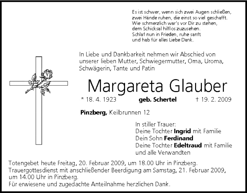  Traueranzeige für Margareta Glauber vom 20.02.2009 aus MGO