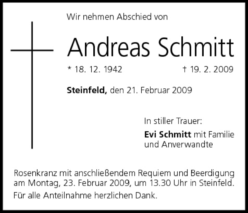  Traueranzeige für Andreas Schmitt vom 21.02.2009 aus MGO
