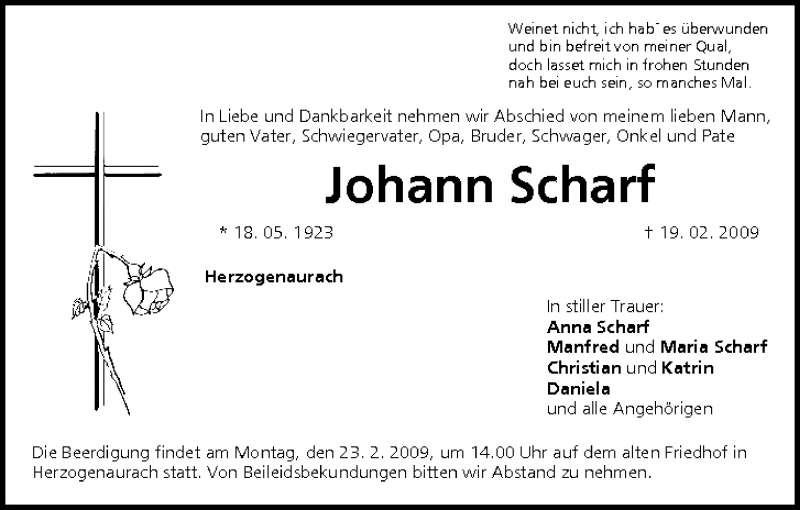  Traueranzeige für Johann Scharf vom 21.02.2009 aus MGO