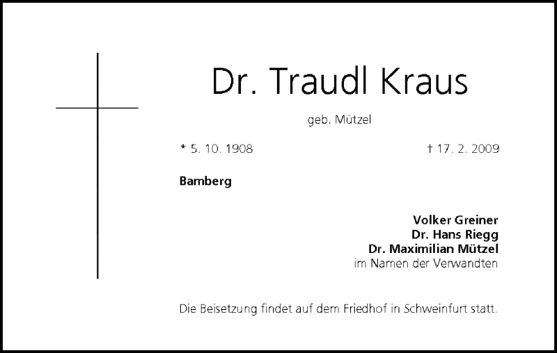  Traueranzeige für Traudl Kraus vom 21.02.2009 aus MGO