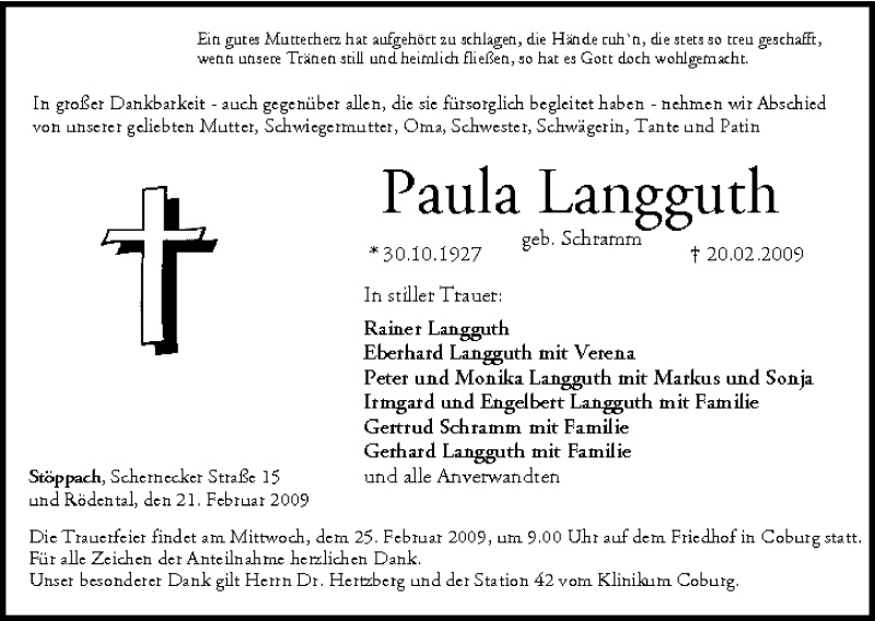  Traueranzeige für Paula Langguth vom 21.02.2009 aus MGO