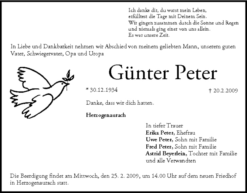  Traueranzeige für Günter Peter vom 21.02.2009 aus MGO