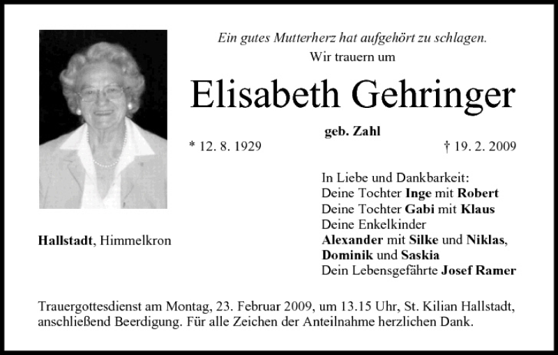 Elisabeth Gehringer | Traueranzeige | trauer.inFranken.de