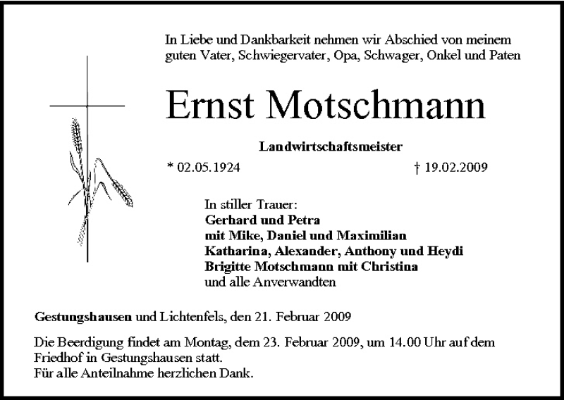 Traueranzeige für Ernst Motschmann vom 21.02.2009 aus MGO