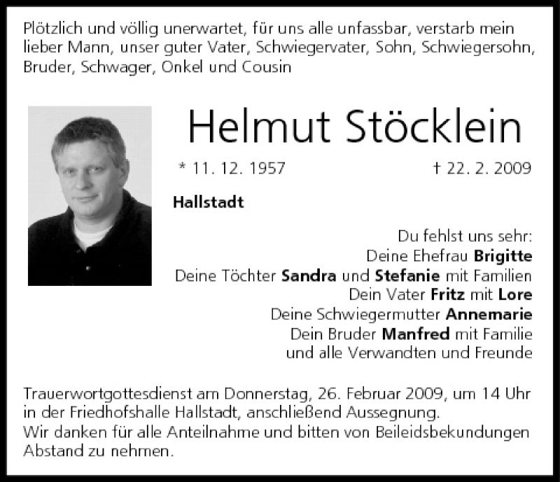  Traueranzeige für Helmut Stöcklein vom 24.02.2009 aus MGO