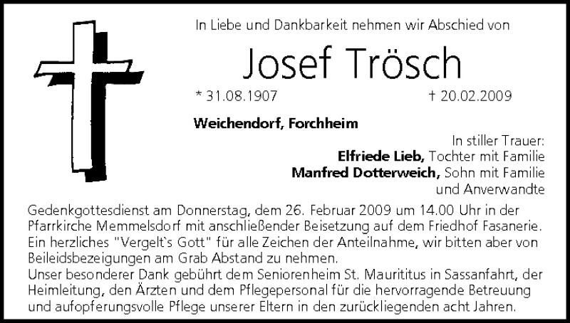  Traueranzeige für Josef Trösch vom 24.02.2009 aus MGO