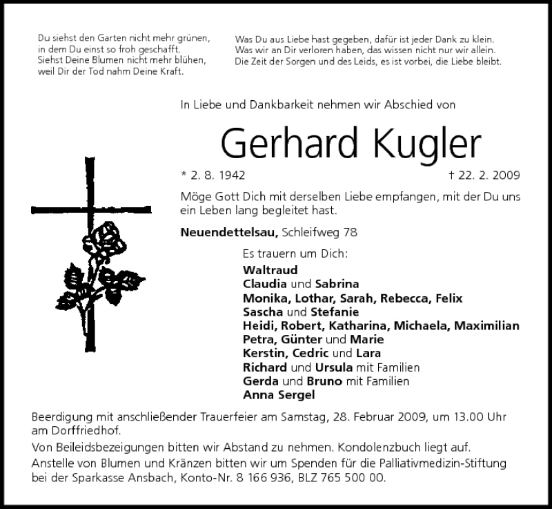  Traueranzeige für Gerhard Kugler vom 26.02.2009 aus MGO
