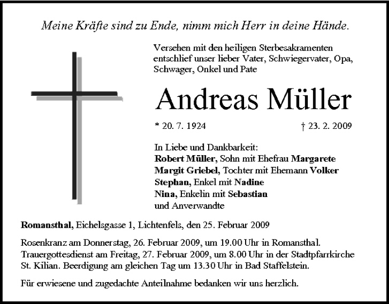  Traueranzeige für Andreas Müller vom 25.02.2009 aus MGO