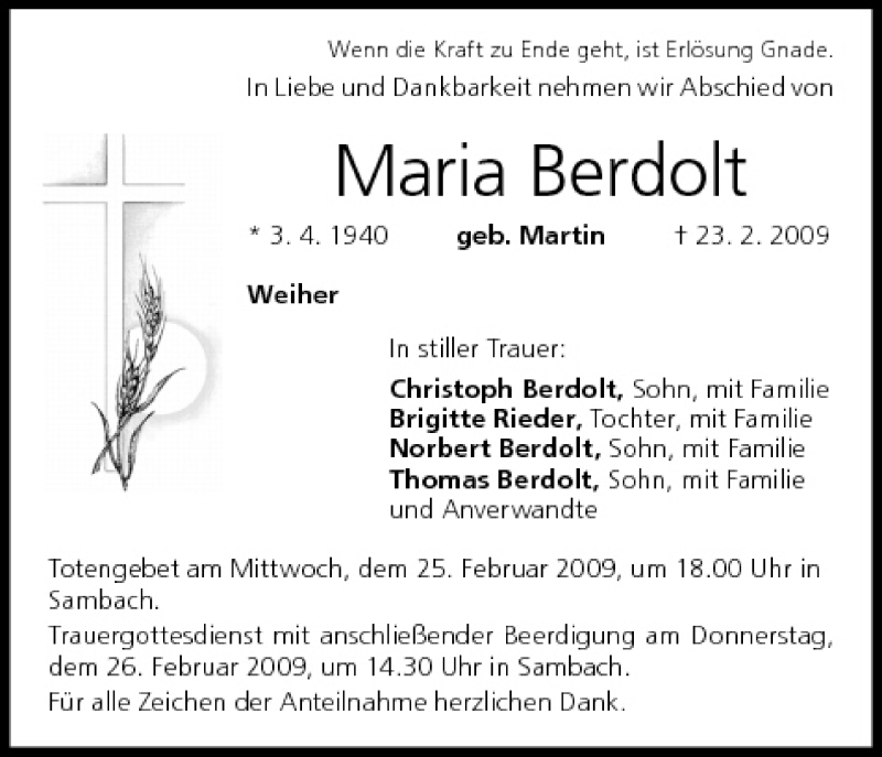  Traueranzeige für Maria Berdolt vom 25.02.2009 aus MGO