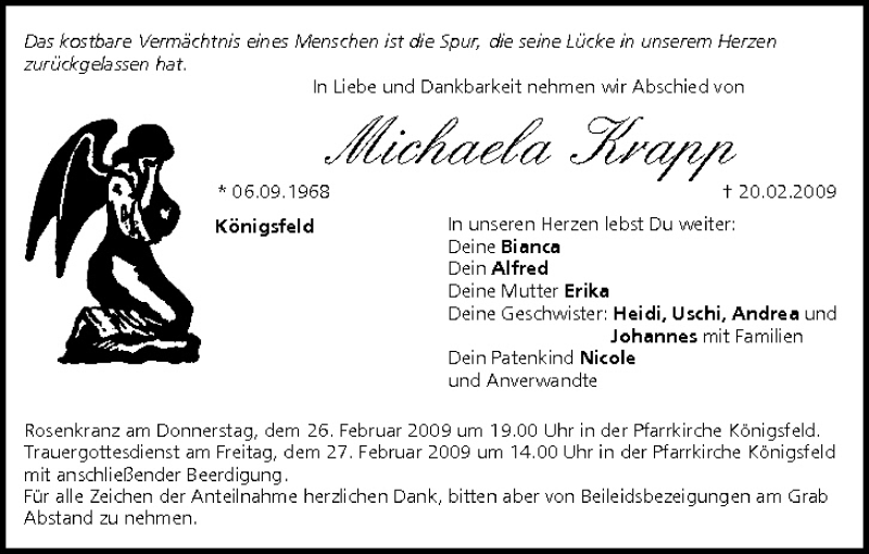  Traueranzeige für Michaela Krapp vom 25.02.2009 aus MGO