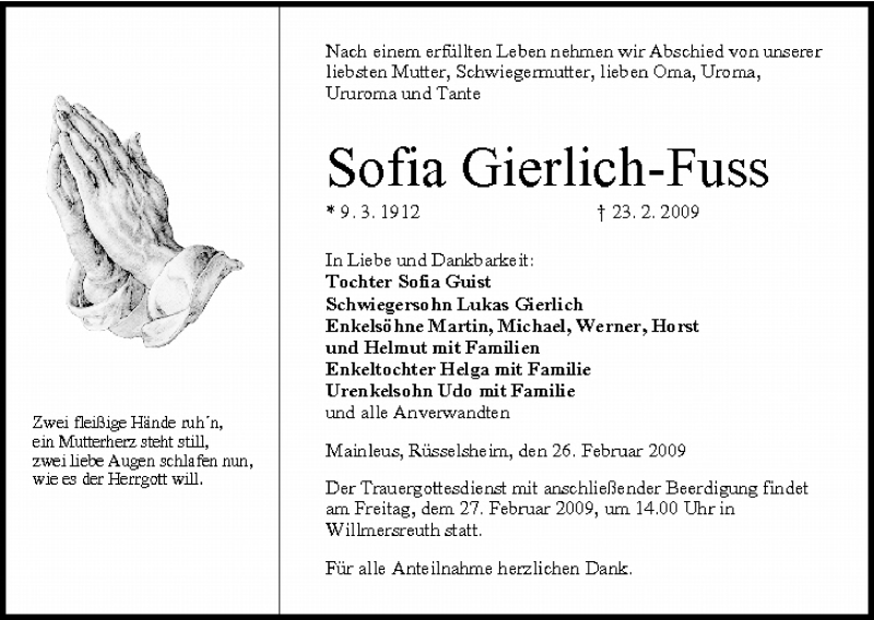  Traueranzeige für Sofia Gierlich-Fuss vom 26.02.2009 aus MGO