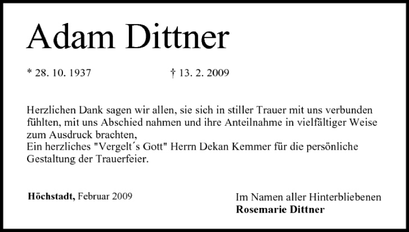 Traueranzeige für Adam Dittner vom 28.02.2009 aus MGO