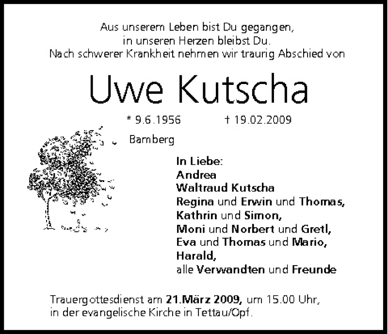  Traueranzeige für Uwe Kutscha vom 28.02.2009 aus MGO