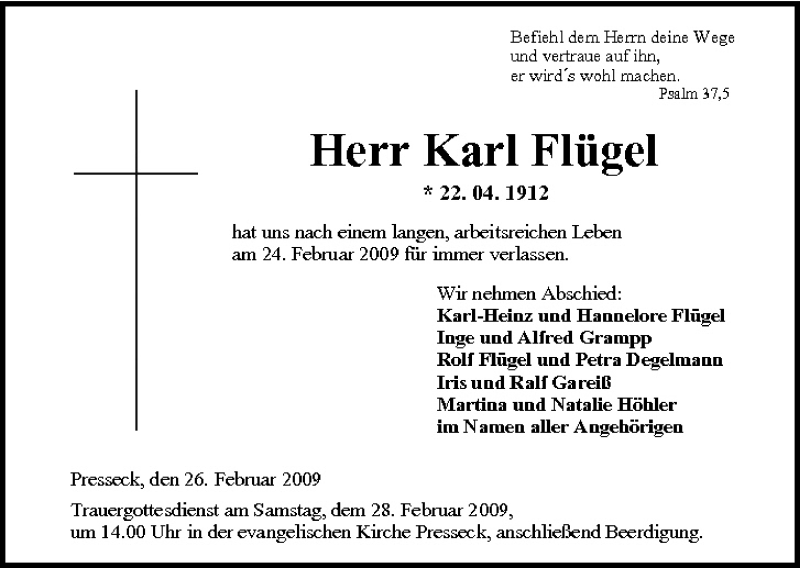  Traueranzeige für Karl Flügel vom 26.02.2009 aus MGO