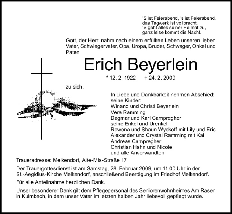  Traueranzeige für Erich Beyerlein vom 26.02.2009 aus MGO