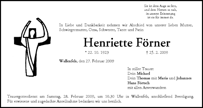  Traueranzeige für Henriette Förner vom 27.02.2009 aus MGO