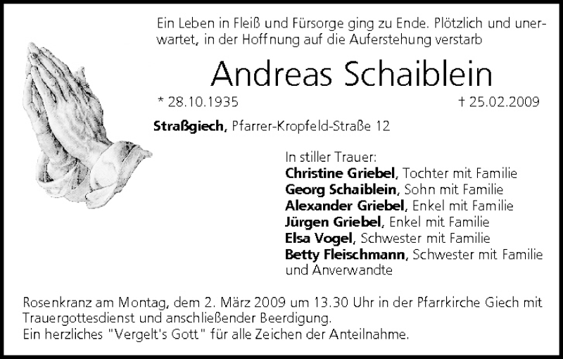  Traueranzeige für Andreas Scheiblein vom 27.02.2009 aus MGO