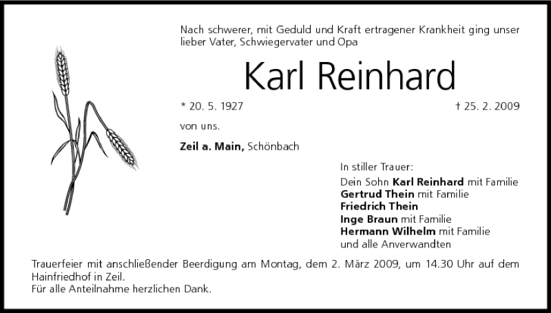  Traueranzeige für Karl Reinhard vom 27.02.2009 aus MGO