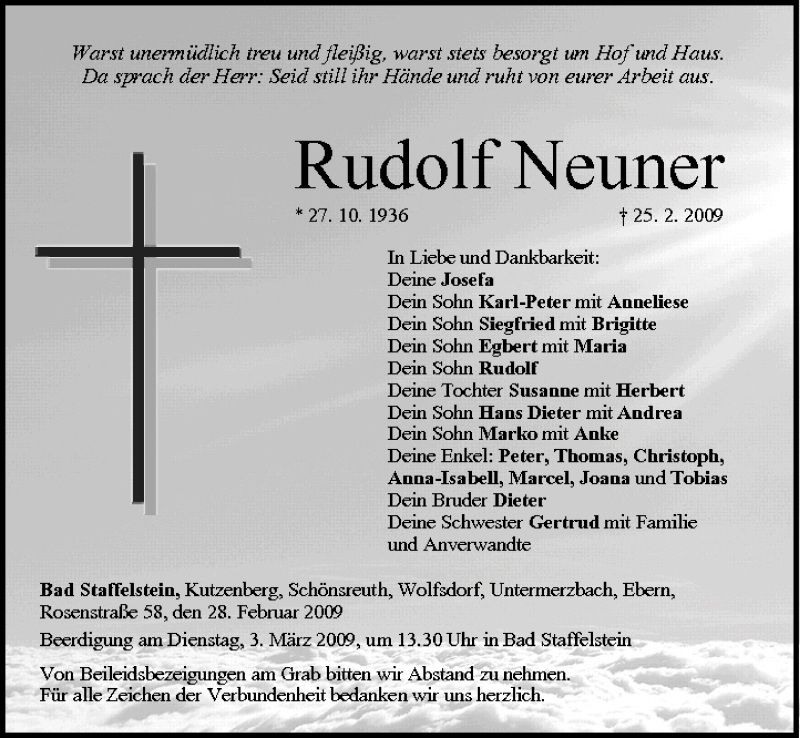  Traueranzeige für Rudolf Neuner vom 28.02.2009 aus MGO