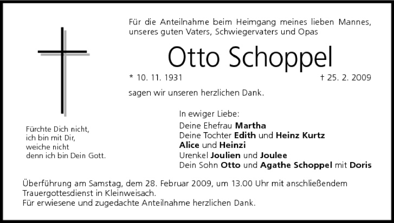  Traueranzeige für Otto Schoppel vom 28.02.2009 aus MGO