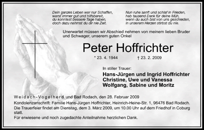  Traueranzeige für Peter Hoffrichter vom 28.02.2009 aus MGO