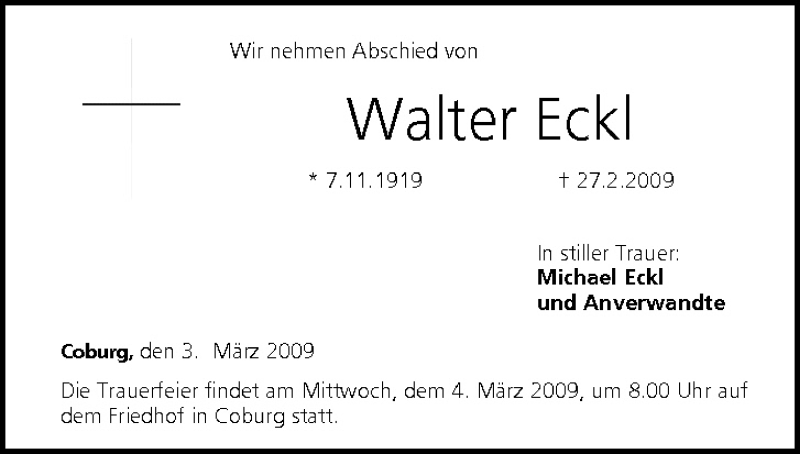  Traueranzeige für Walter Eckl vom 03.03.2009 aus MGO
