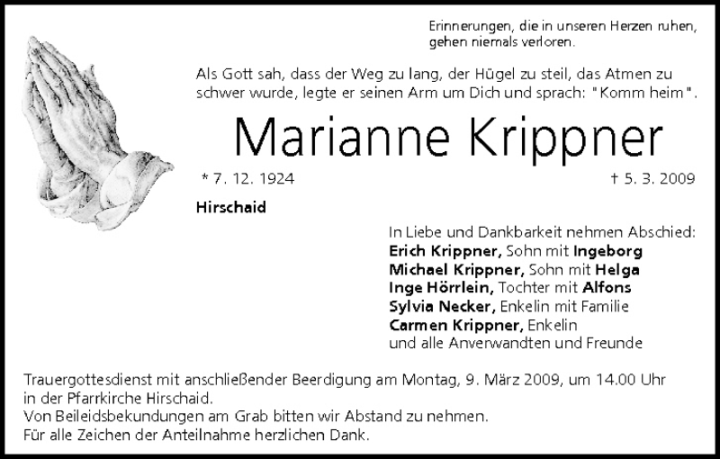  Traueranzeige für Marianne Krippner vom 07.03.2009 aus MGO