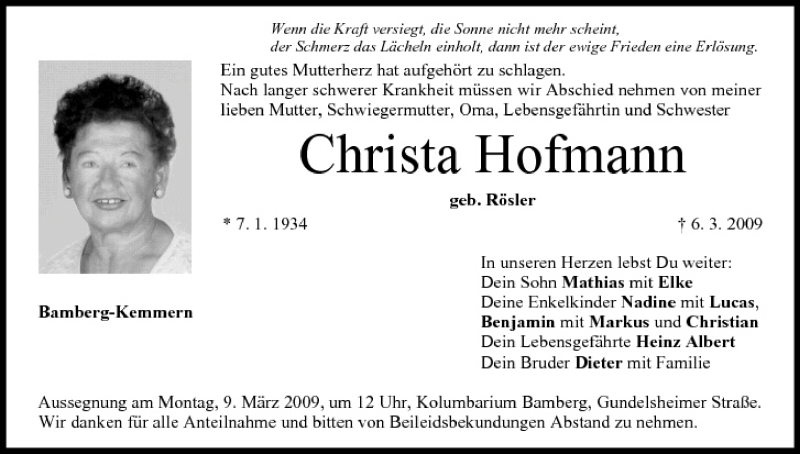 Christa Hofmann | Traueranzeige | trauer.inFranken.de