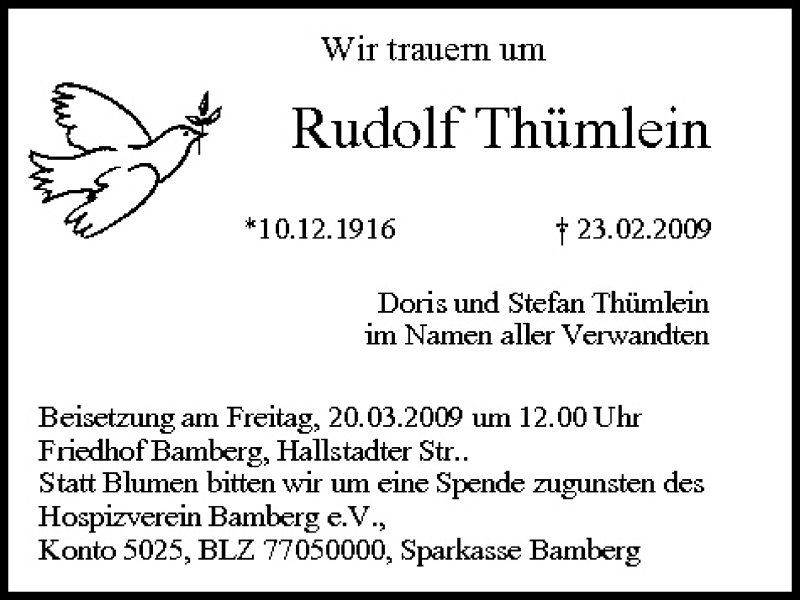  Traueranzeige für Rudolf Thümlein vom 18.03.2009 aus MGO