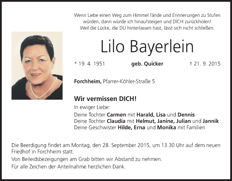 Traueranzeige für Lilo Bayerlein vom 26.09.2015 aus MGO
