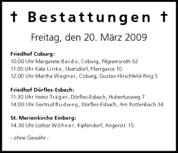 Anzeige von Bestattungen vom 20.03.2009 von MGO