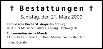 Anzeige von Bestattungen vom 21.03.2009 von MGO