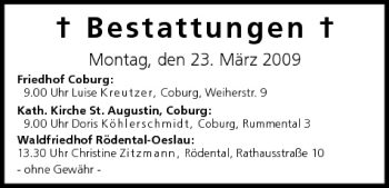 Anzeige von Bestattungen vom 23.03.2009 von MGO