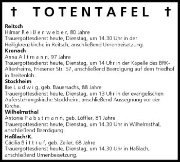 Anzeige von Totentafel vom 24.03.2009 von MGO