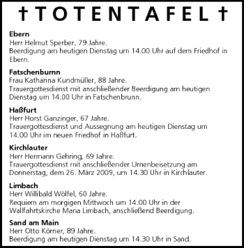 Anzeige von Totentafel vom 24.03.2009 von MGO