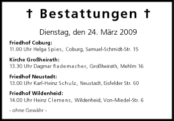 Anzeige von Bestattungen vom 24.03.2009 von MGO