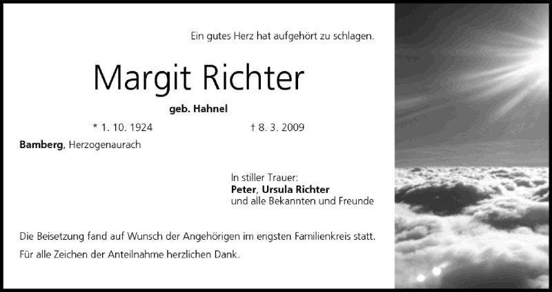  Traueranzeige für Margit Richter vom 28.03.2009 aus MGO