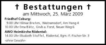 Anzeige von Bestattungen vom 25.03.2009 von MGO