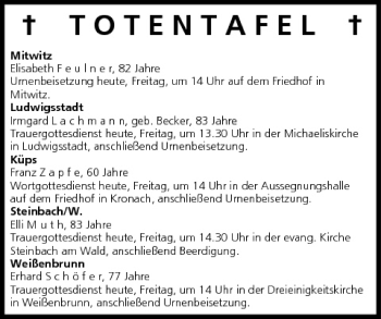 Anzeige von Totentafel vom 27.03.2009 von MGO